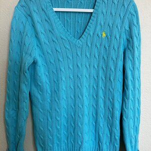 Ralph Lauren V-Neck Cable Knit Sweater, Deep Aqua Blue, Size M